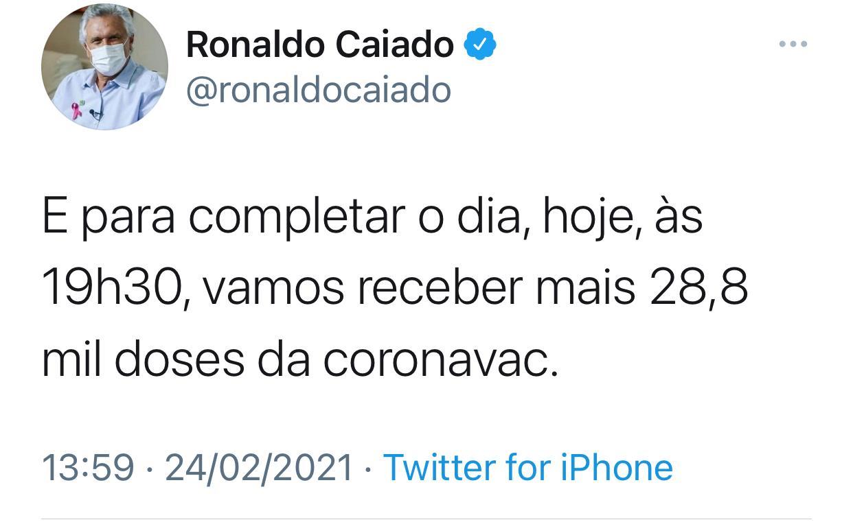 Caiado quer adquirir mais 1 milhão de vacinas contra Covid-19