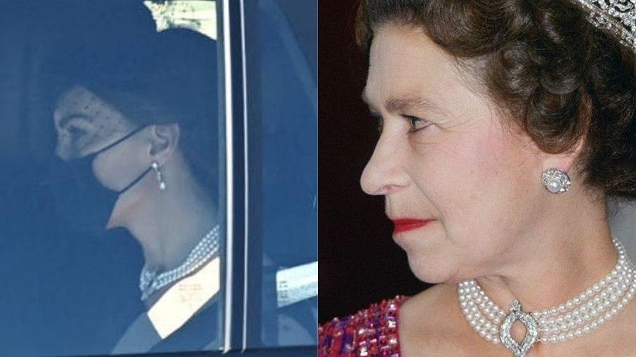 Kate Middleton usa colar da Rainha Elizabeth II no funeral de Philip