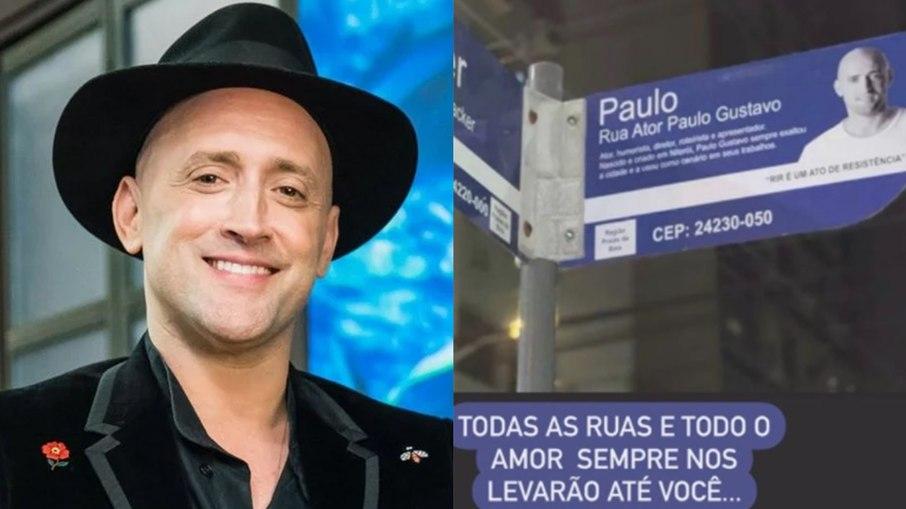 Mãe e amigos de Paulo Gustavo comemoram placa de rua com nome do ator