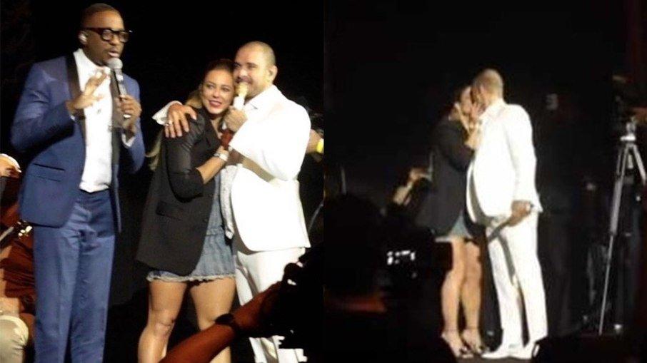 Paolla Oliveira beija Diogo Nogueira durante show, assista