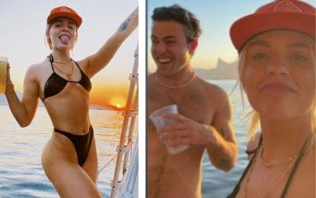 Luisa Sonza e Pedro Calais, da banda Lagum, se aproximam em passeio de barco