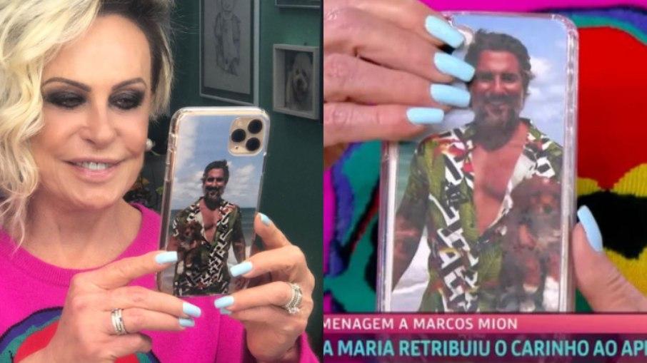 Ana Maria Braga homenageia Marcos Mion com foto na capa do celular