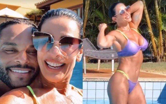 Scheila Carvalho curte dia na piscina com o marido e a filha