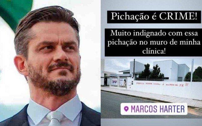 Ex-BBB Marcos Harter se revolta ao ter muro de clínica pichado