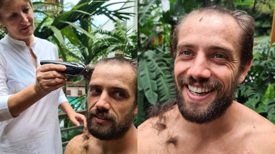 Sônia Bridi raspa o cabelo de Rafael Cardoso