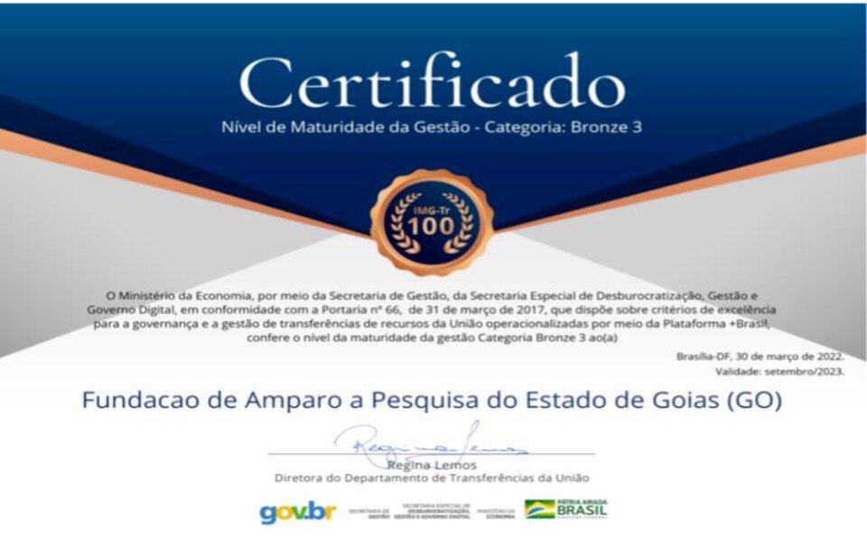 Fapeg: certificação positiva do Ministério da Economia por gestão transparente