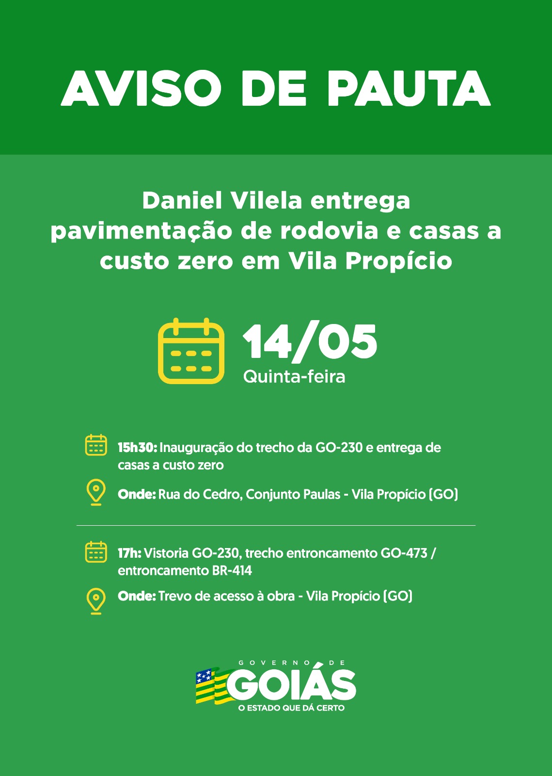 Agenda do governador para a tarde quinta-feira