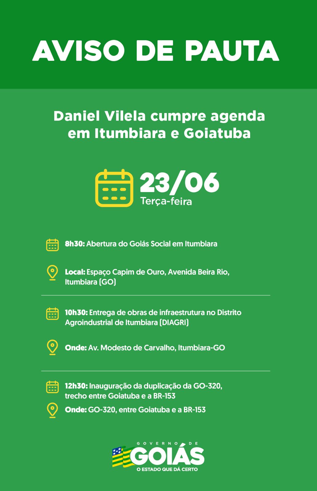 Agenda do governador para terça-feira
