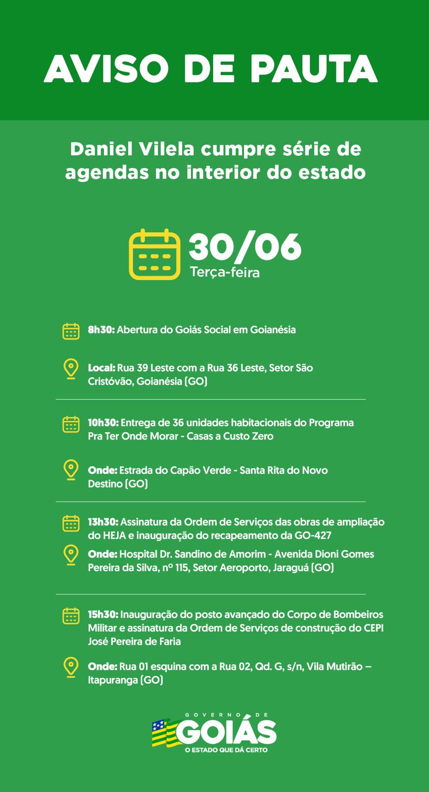 Agenda do governador para terça-feira