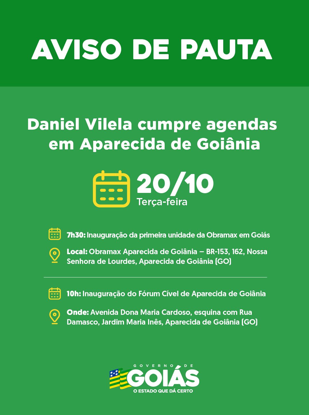Agenda do governador para esta terça-feira (20/10)