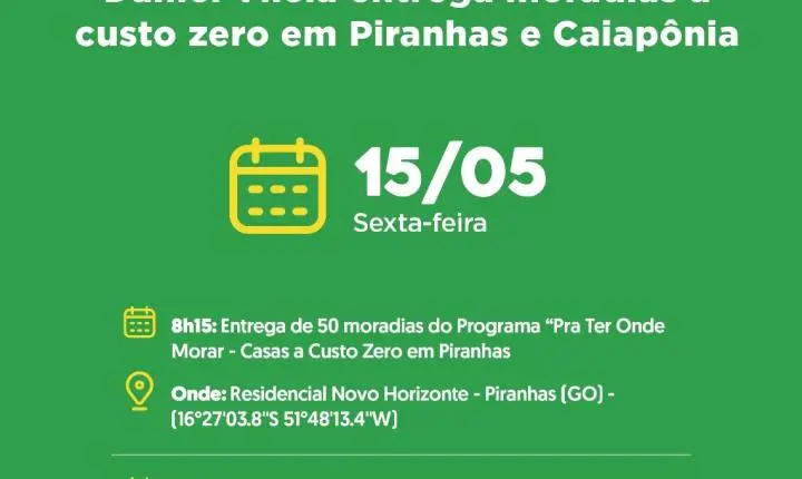 Daniel Vilela entrega moradias a custo zero em Piranhas e Caiapônia